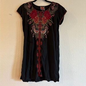 Johnny Was Black Dress with Red Floral Embroidery